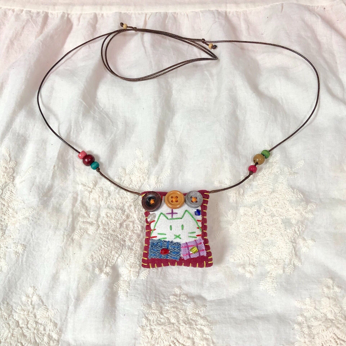 Handmade Embroidered Cat Pendant Necklace