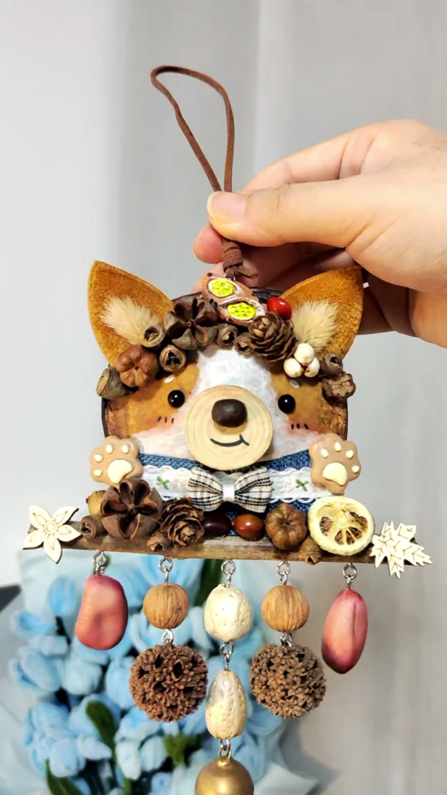 Handgemaakte Entada Zaadappel Corgi Gezicht Ornament