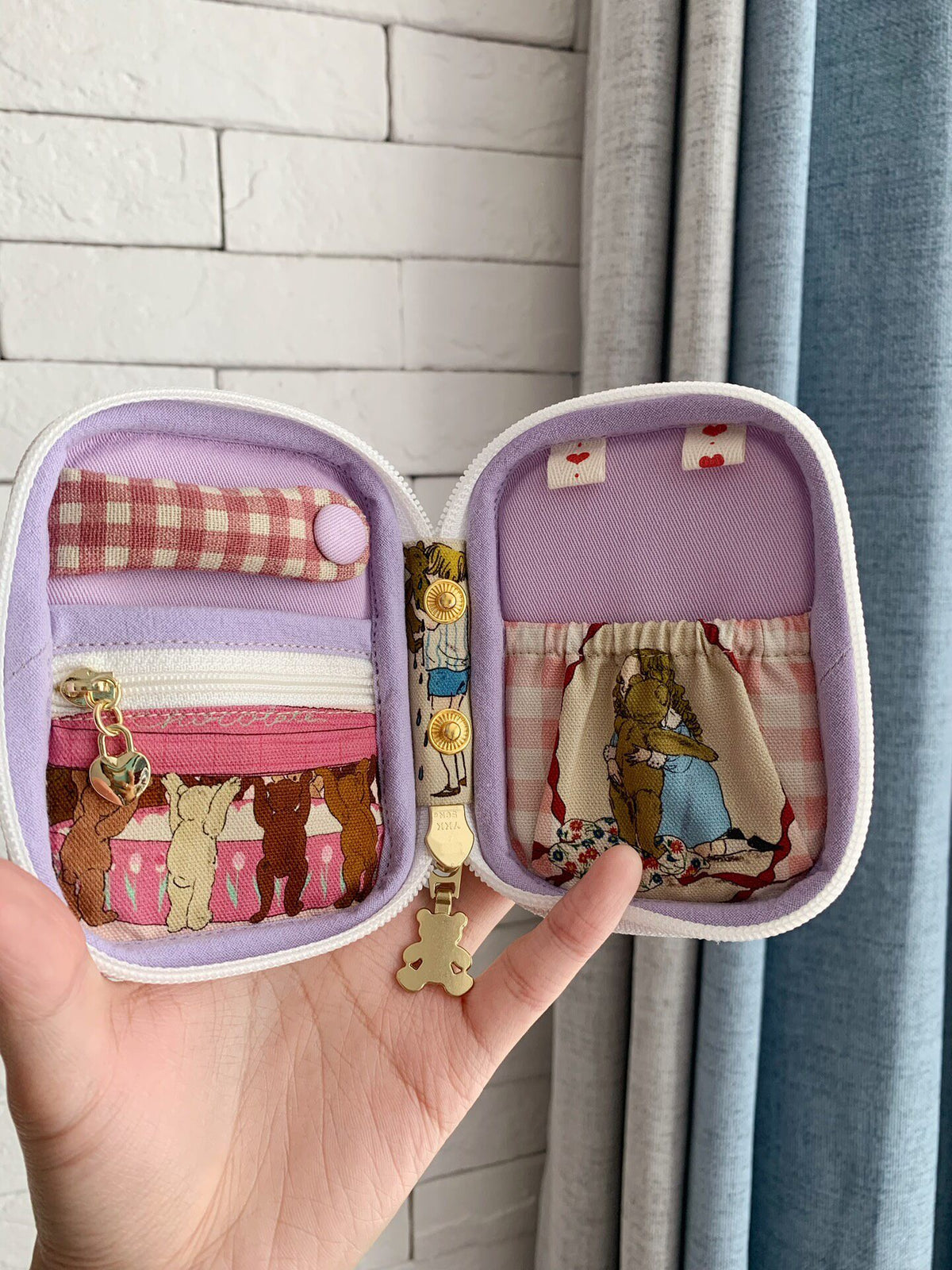 Vintage Teddy Bear Print Fabric Pouch