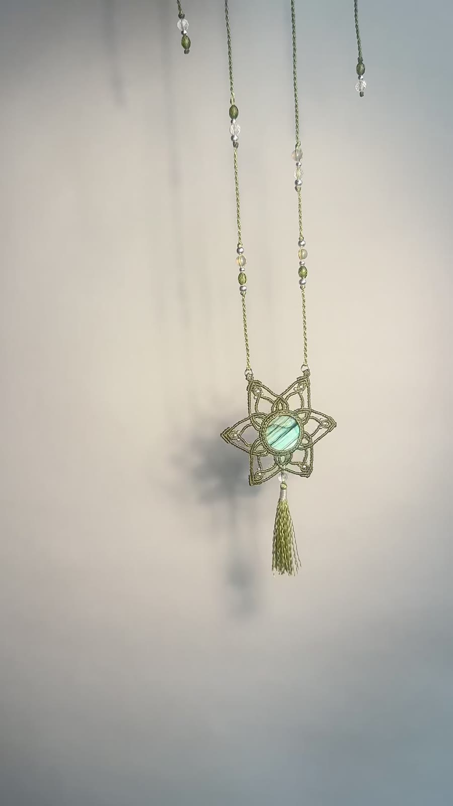 Handmade Labradorite Macrame Pendant Necklace with Olive Green Cord