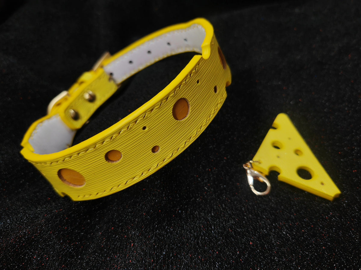 Collare per animali in pelle di vitello giallo a tema formaggio