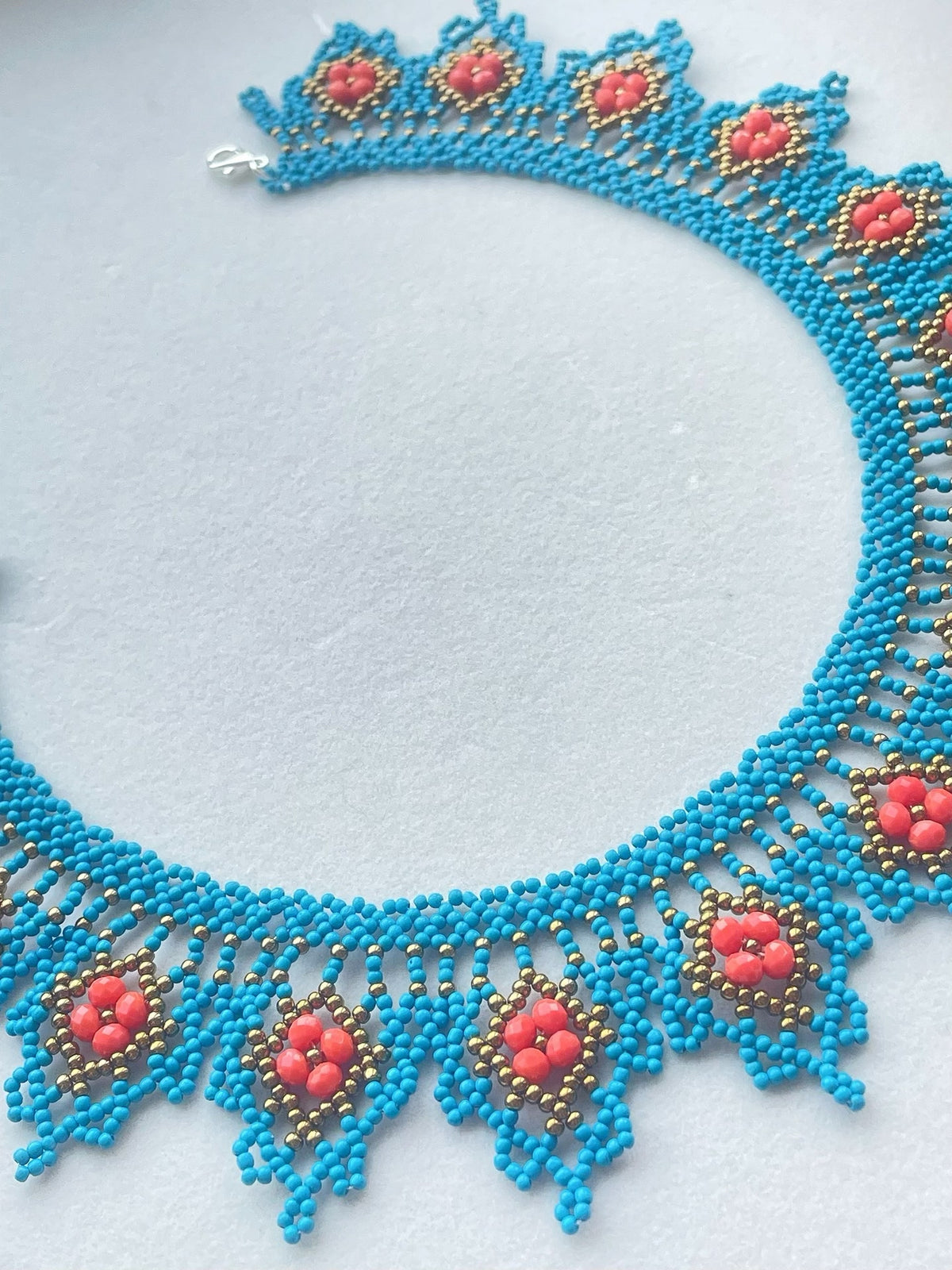 Turquoise Beaded Bib Necklace Coral Floral