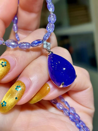 Deep Blue Teardrop Tanzanite Pendant Necklace with Violet Gemstone Chain