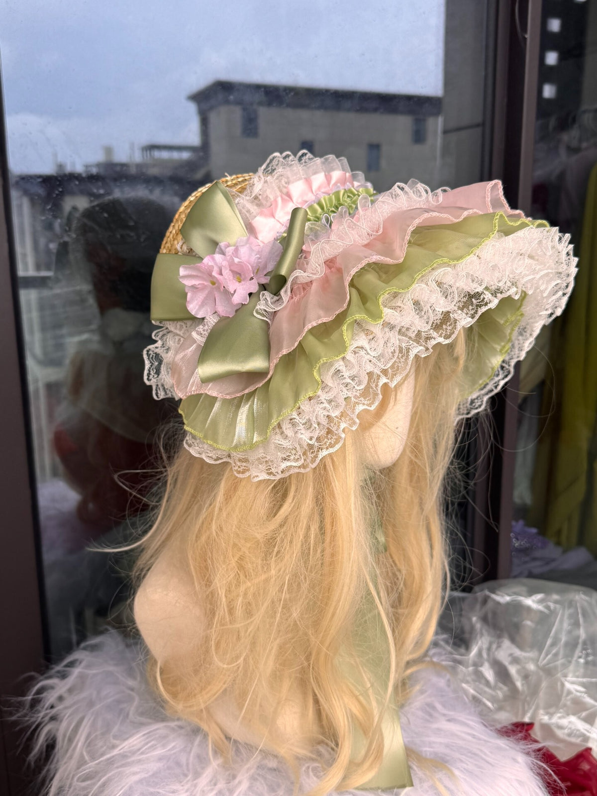 Lolita Straw Bonnet Hat with Lace Trim