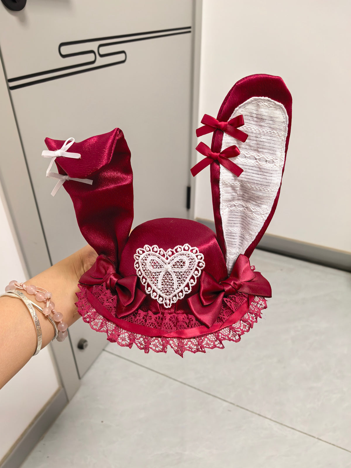 Wine Red Satin Rabbit Ear Fascinator Hat