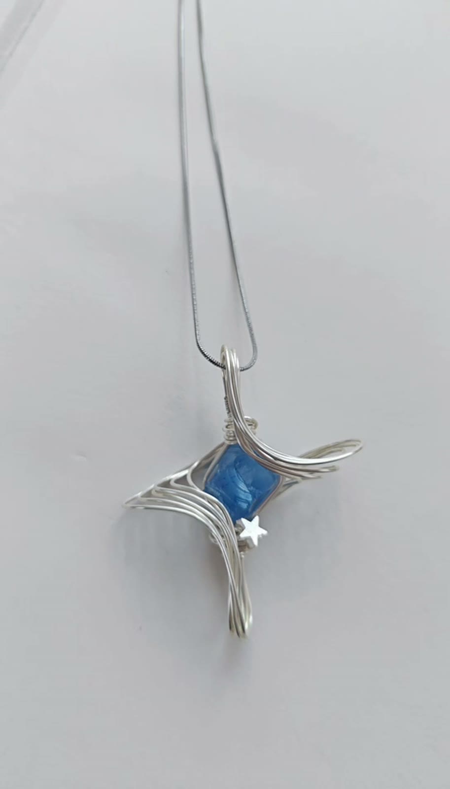 Handcrafted Wire Wrapped Necklace Blue Cat Eye Star