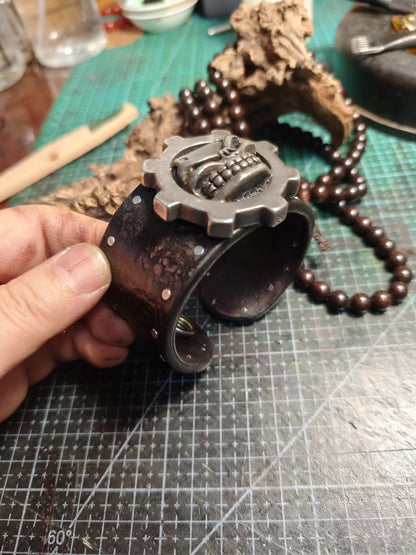 Steampunk Leather Cuff Bracelet with Skull and Gear Emblem