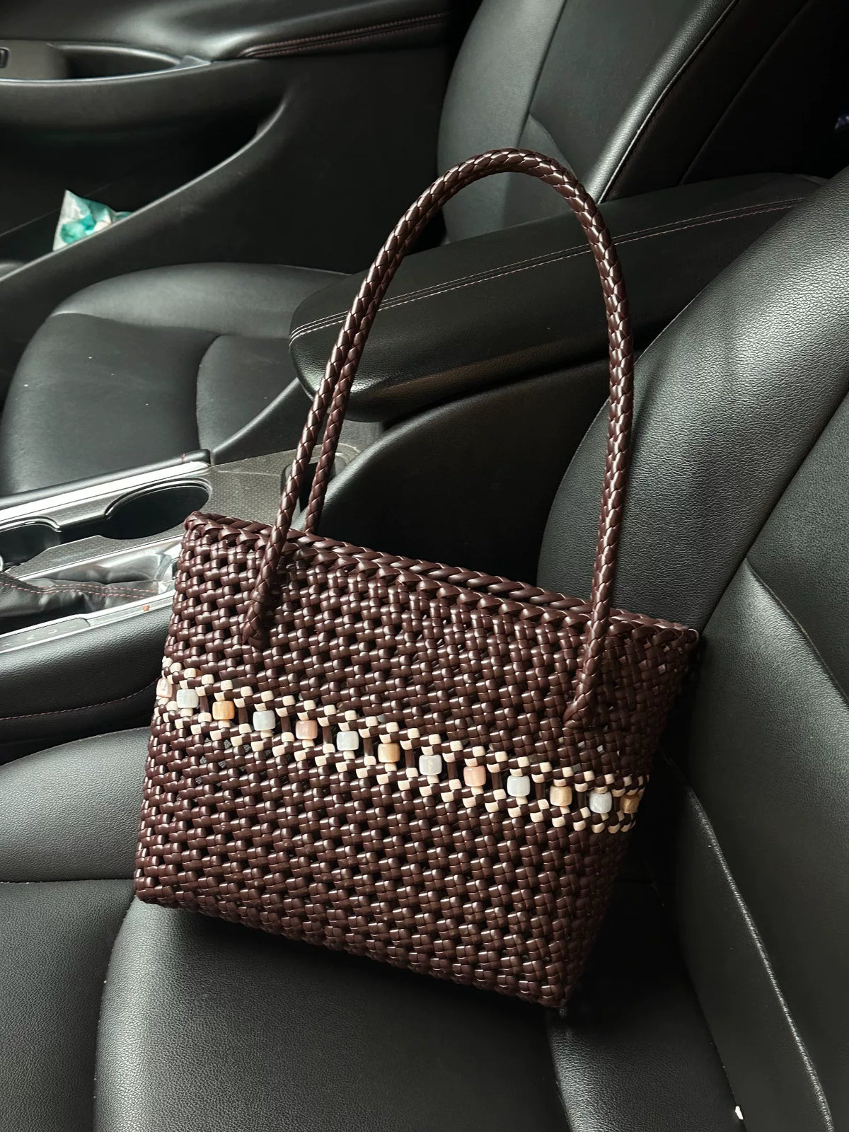 Sac Tote en Rotin Tressé Marron Café Grand