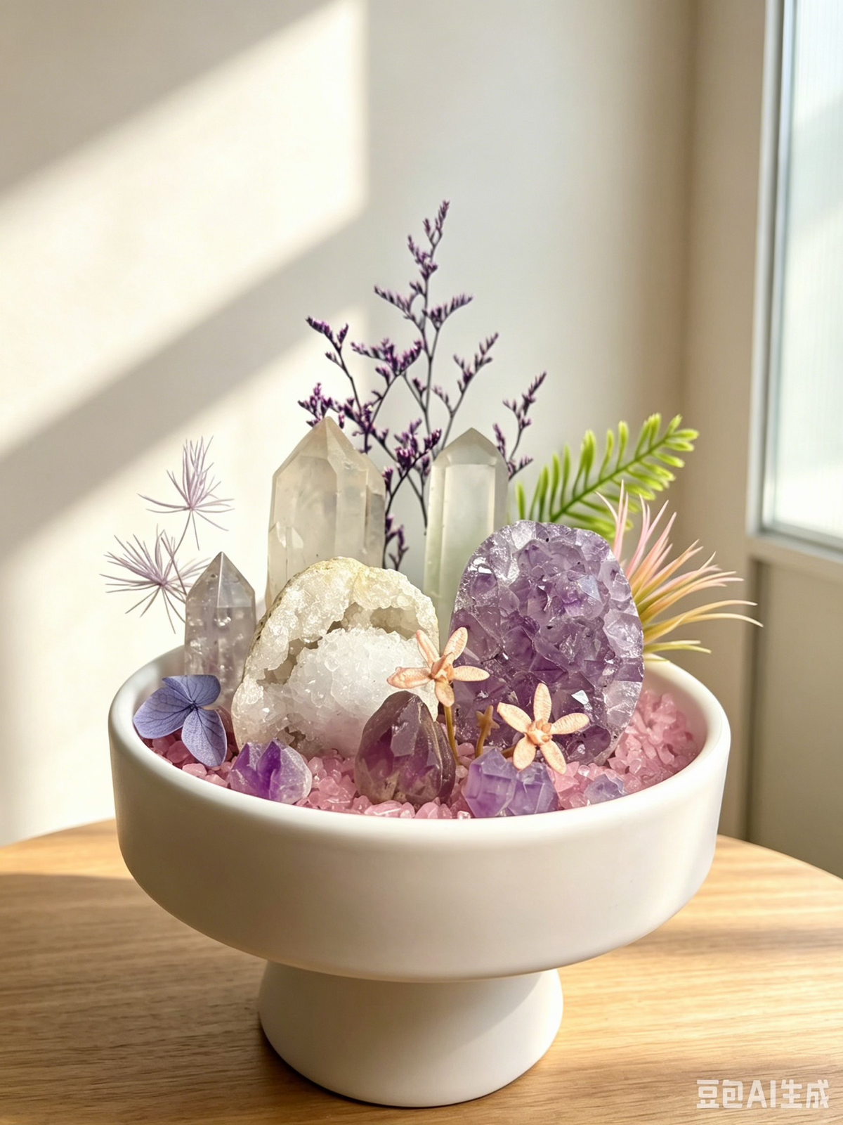 Naturligt kristallarrangemang med ametist i vit keramikurna