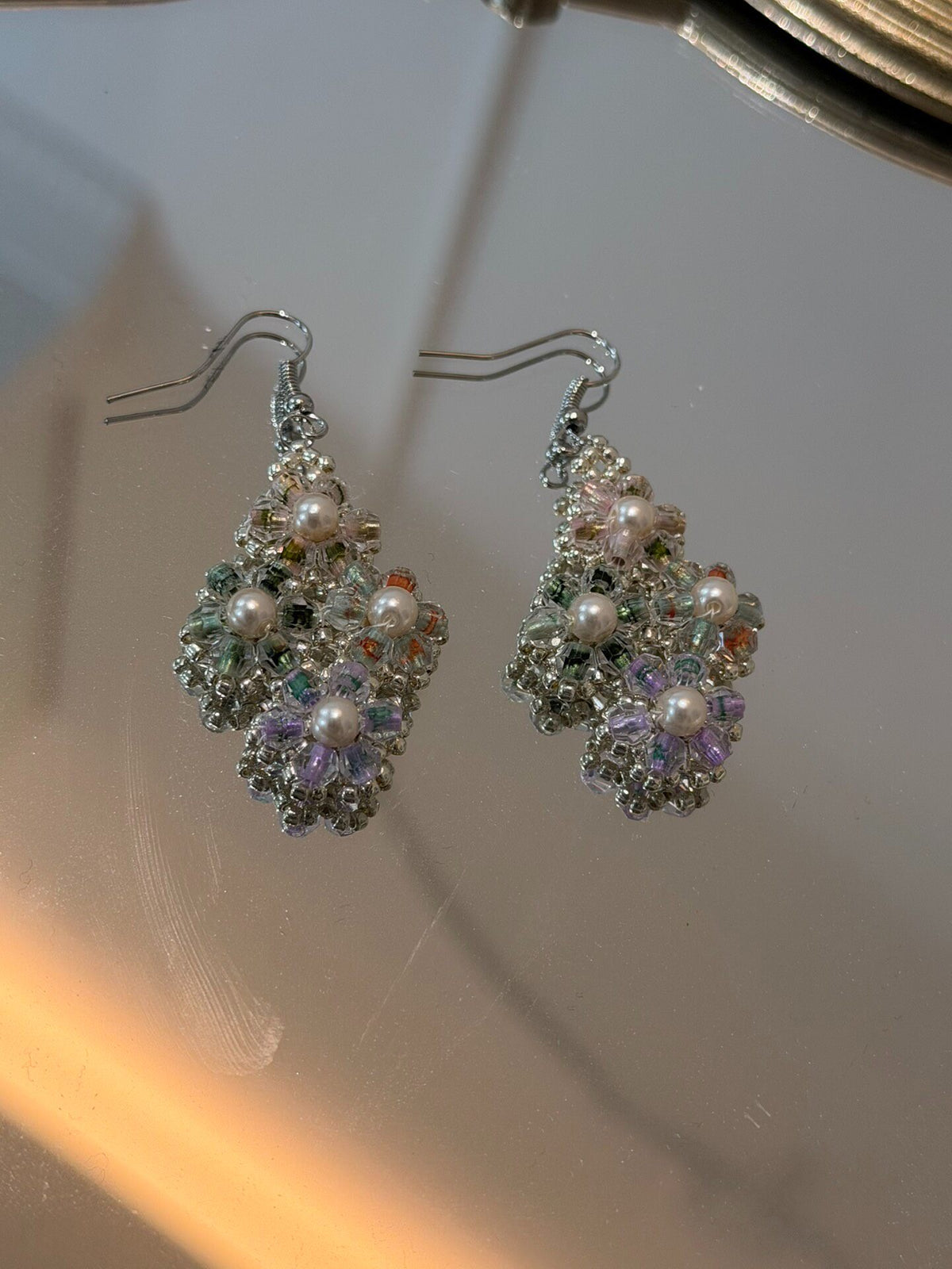 Iridescent Seed Bead Floral Dangle Earrings