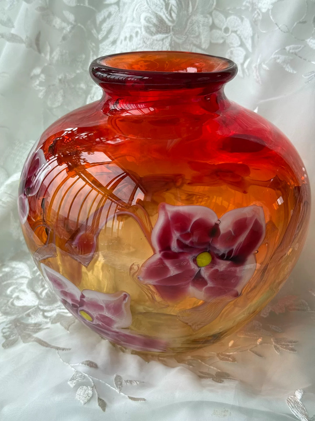 Vintage Glass Vase Set Red Amber Gradient