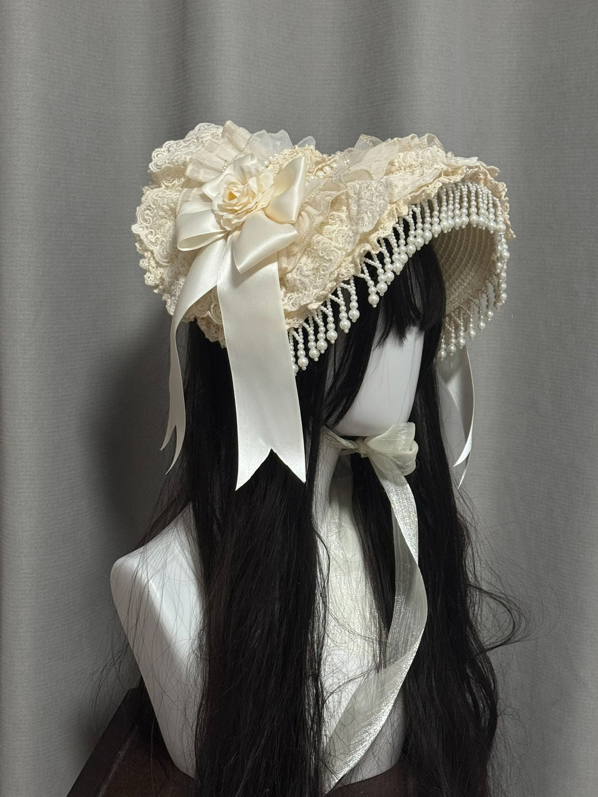 Lolita Straw Bonnet with Cream Lace Bow