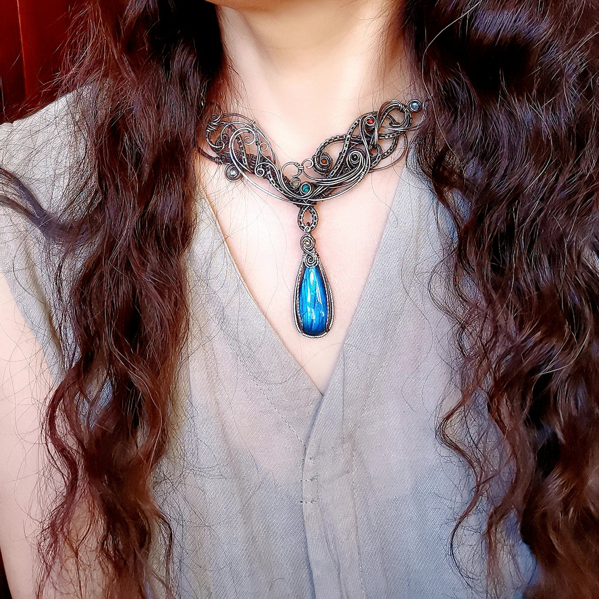 Handgemaakte Druppel Labradorite Choker Ketting