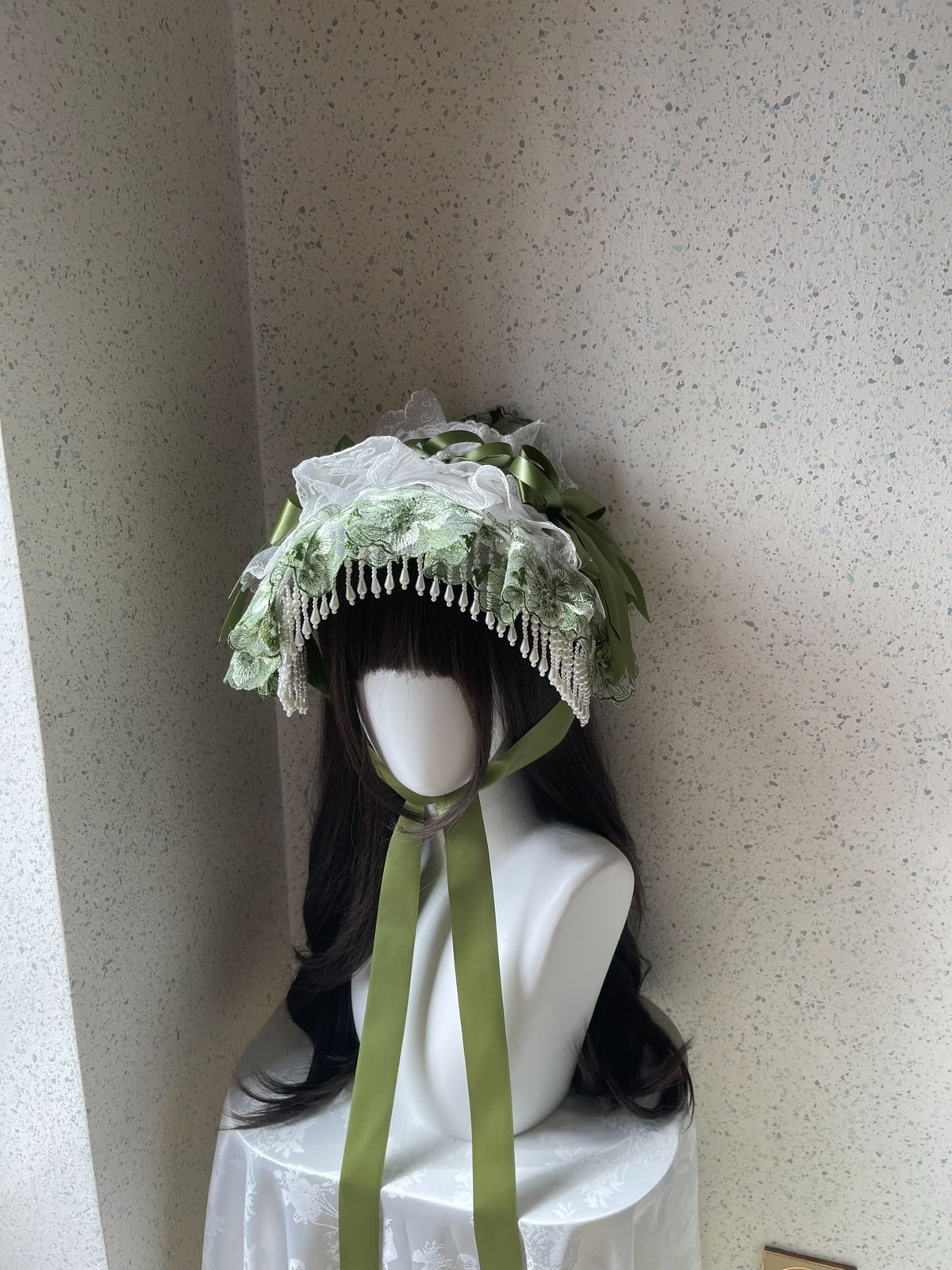 Lolita Green Lace Flat Bonnet Handmade