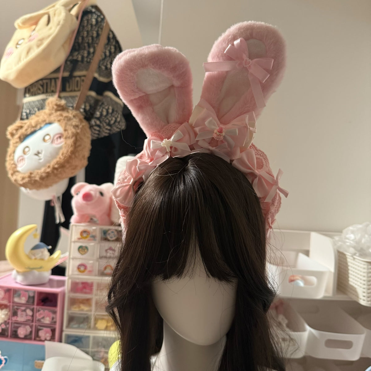 Pink Plush Rabbit Ear Bow Headband