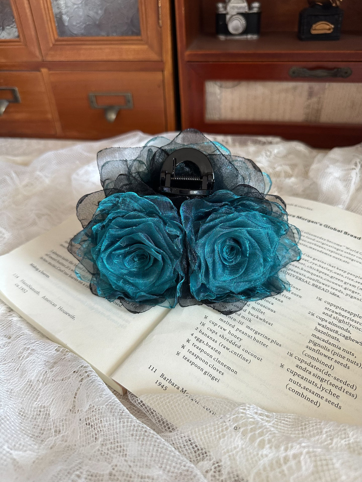 Handcrafted Peacock Blue Fabric Rose Hair Clip