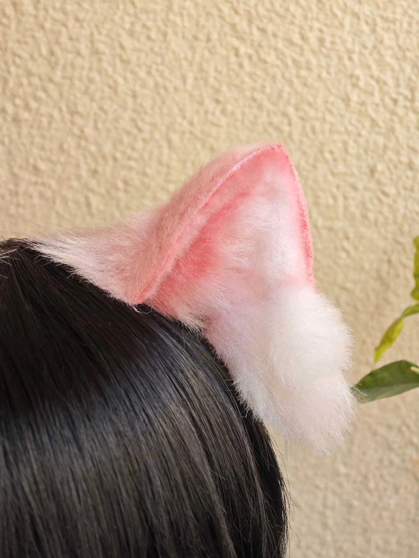 Handmade Cat Ears Headband Pink White Gradient Fur with Pom-Poms