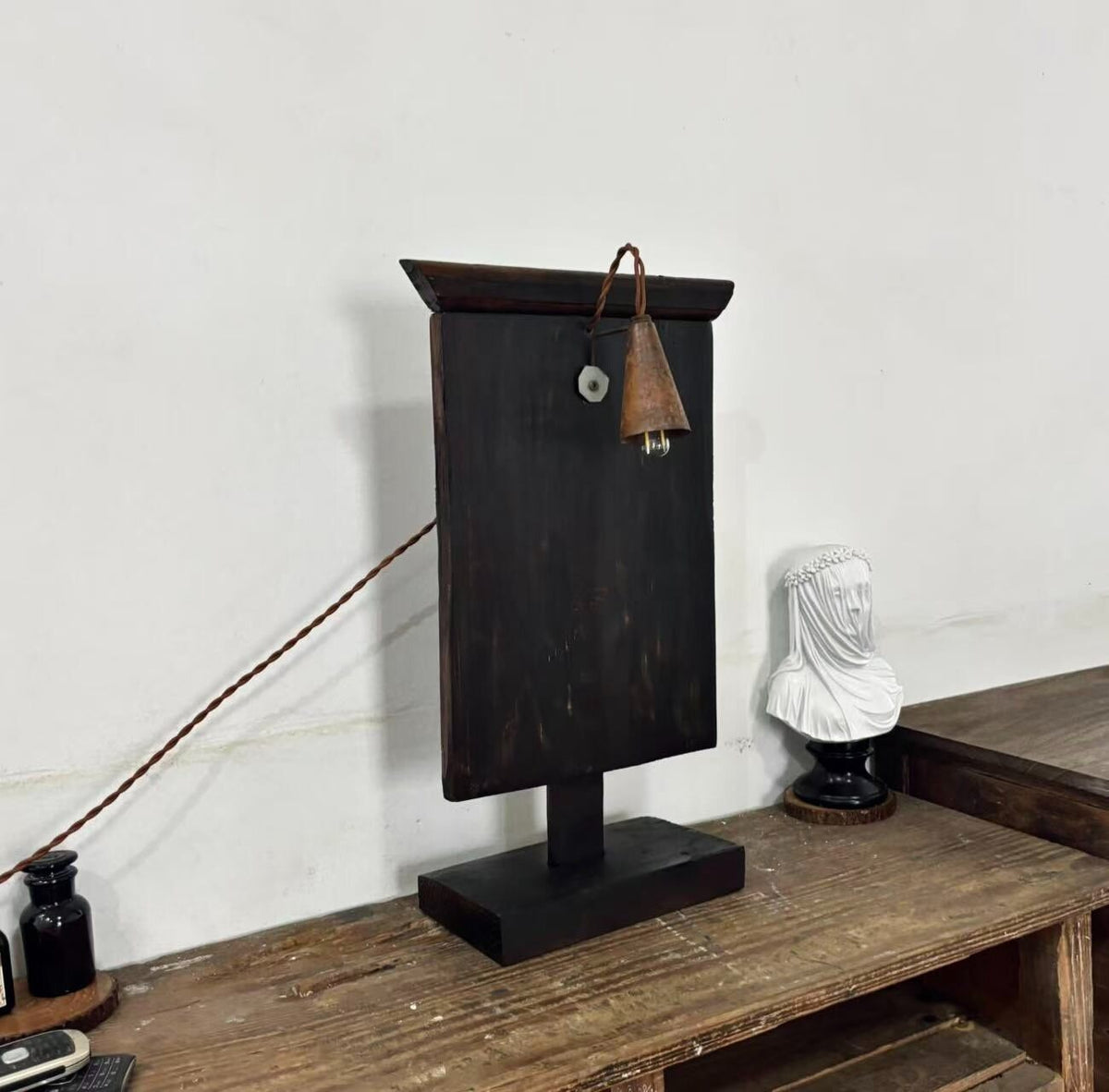 Vintage Solid Wood Table Lamp Rustic Industrial
