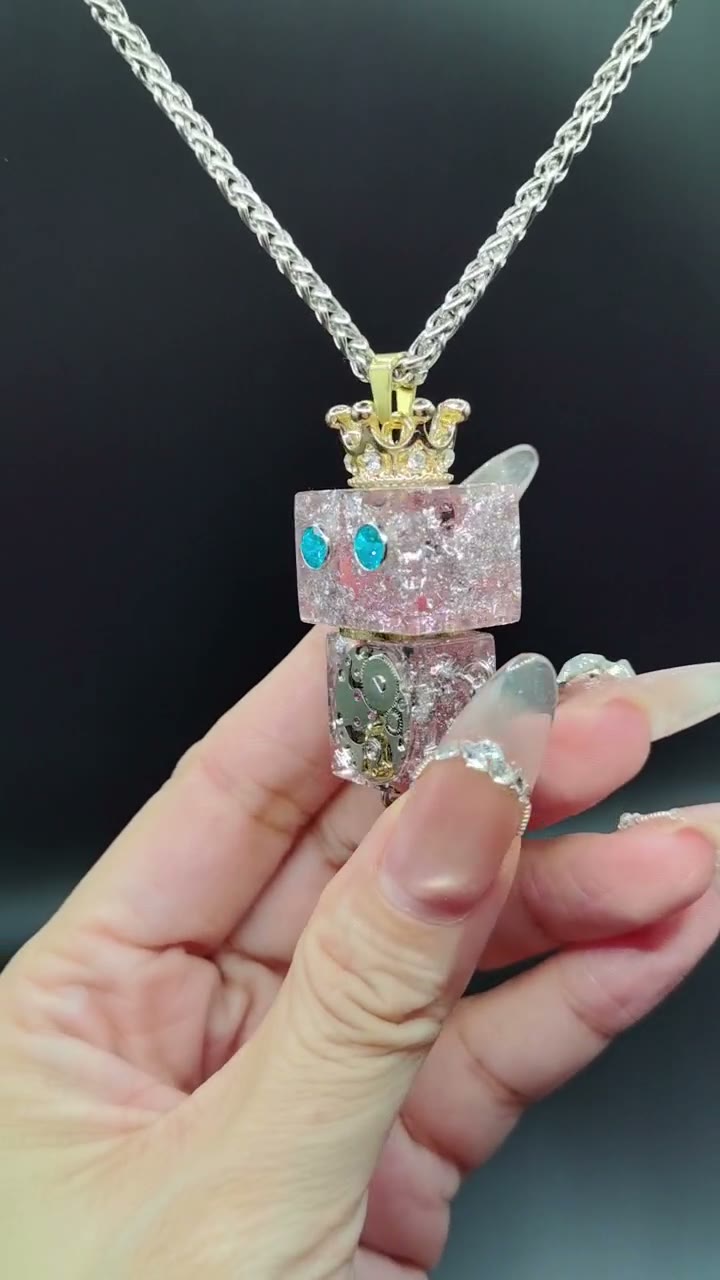 Pink Robot Pendant with Crown