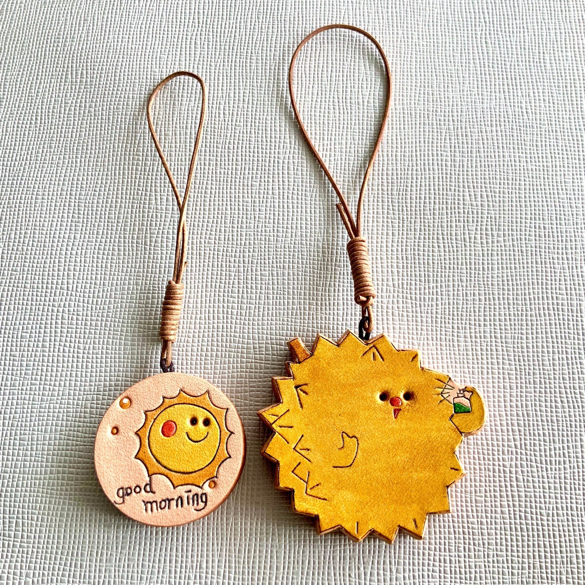 Handmade Leather Durian and Sun Charm Pendant Set for Bags, Keys, and Journals