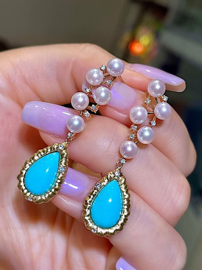 18K Gold Sleeping Beauty Turquoise Drop Earrings with Akoya Pearls and Diamonds