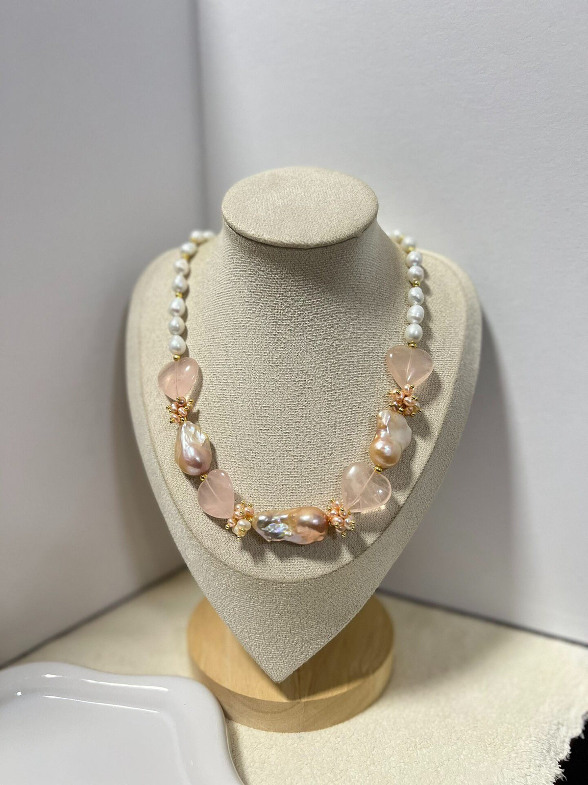 Pink Quartz and Baroque Pearl Necklace