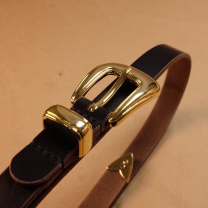 Matte Black Leather Belt with Gold-Tone Shield Buckle