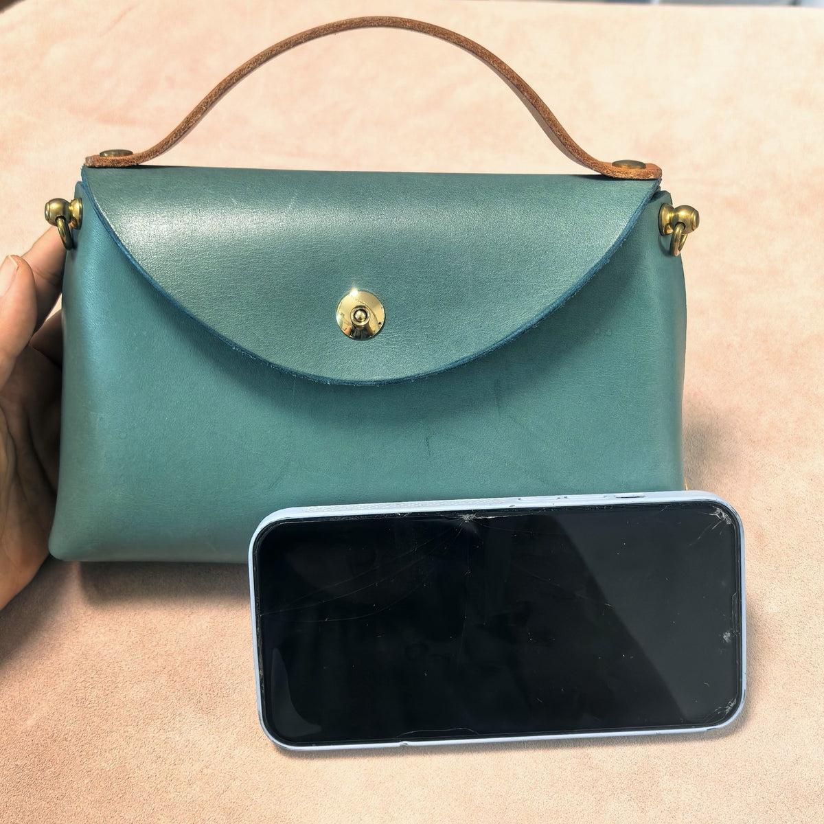 Vegetable Tanned Leather Phone Bag with Turquoise Finish