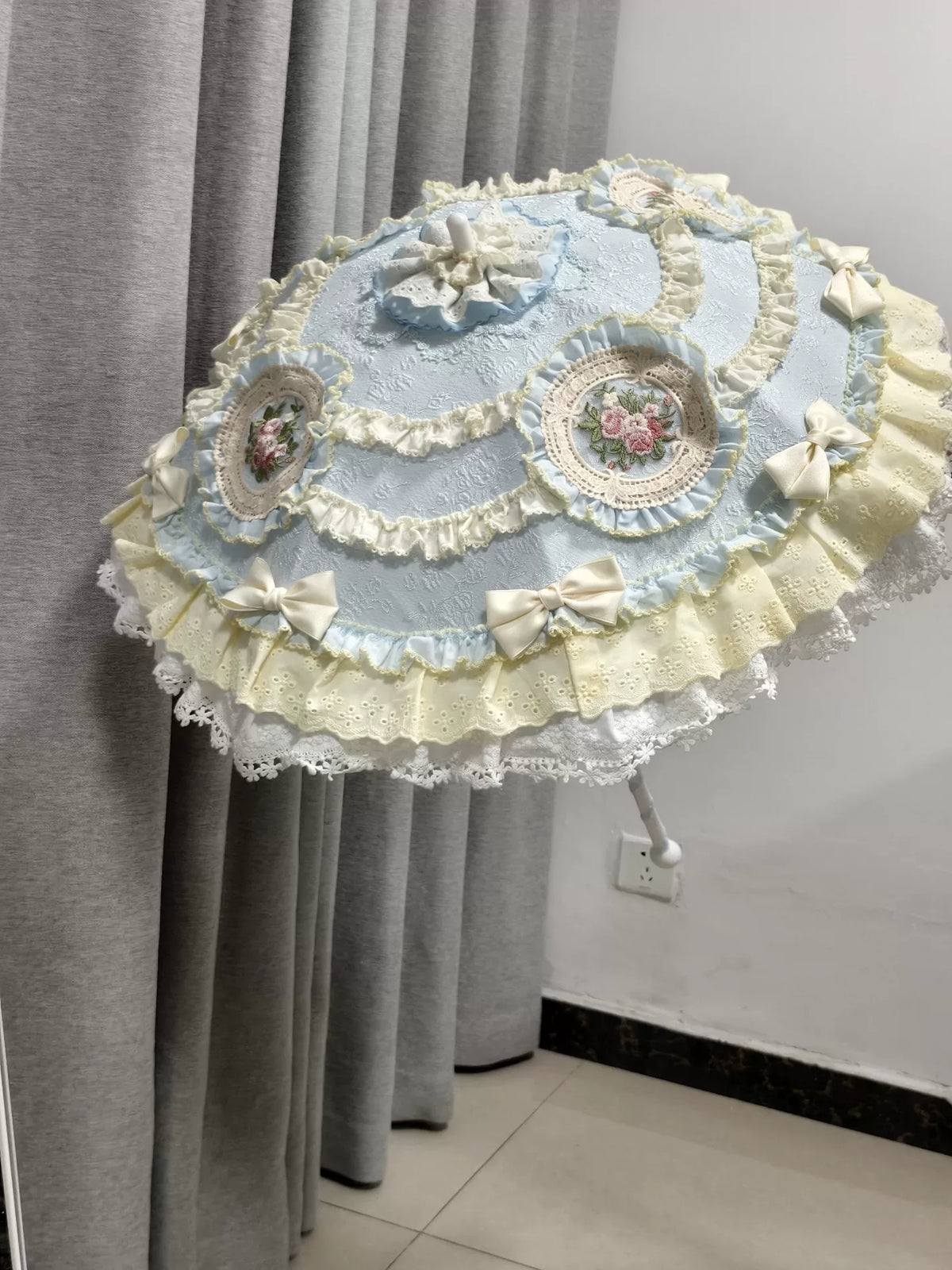 Handmade Lolita Parasol Light Blue Yellow Ruffles