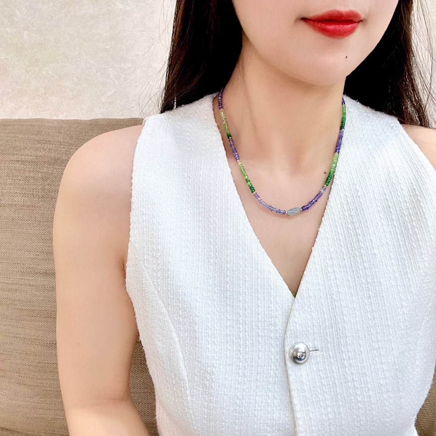 Tsavorite and Tanzanite Gradient Abacus Bead Necklace with Oval Cabochon Center