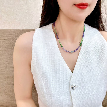 Tsavorite and Tanzanite Gradient Abacus Bead Necklace with Oval Cabochon Center