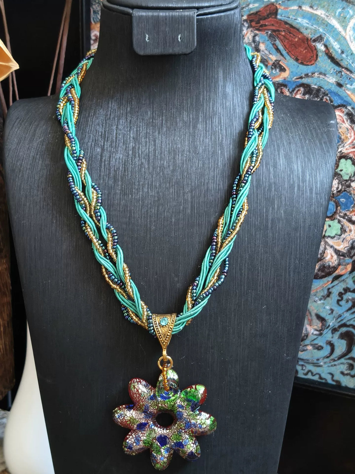 Woven Cord Flower Glass Pendant Necklace