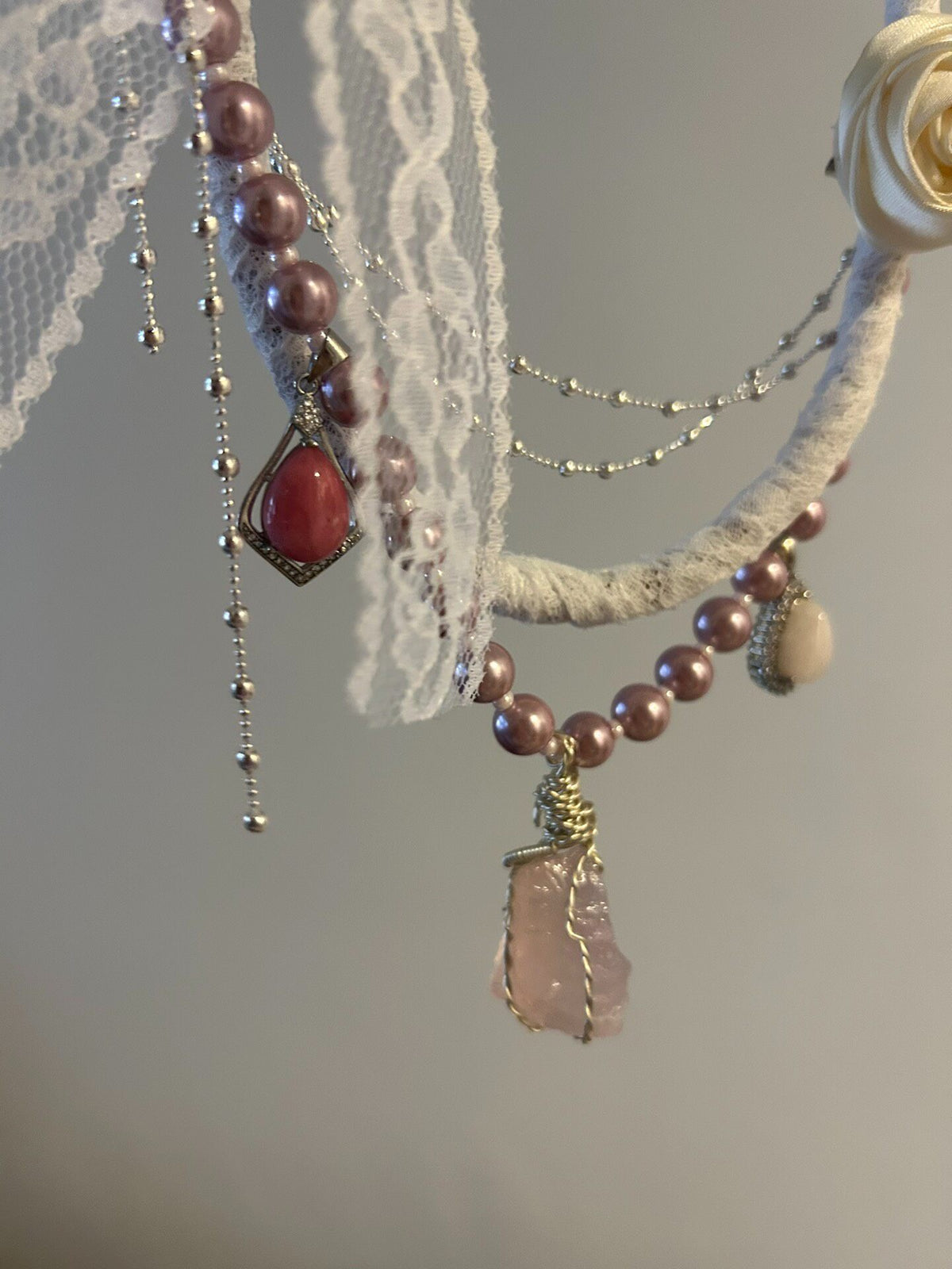 Raw Crystal Pendant Lace Collar Necklace