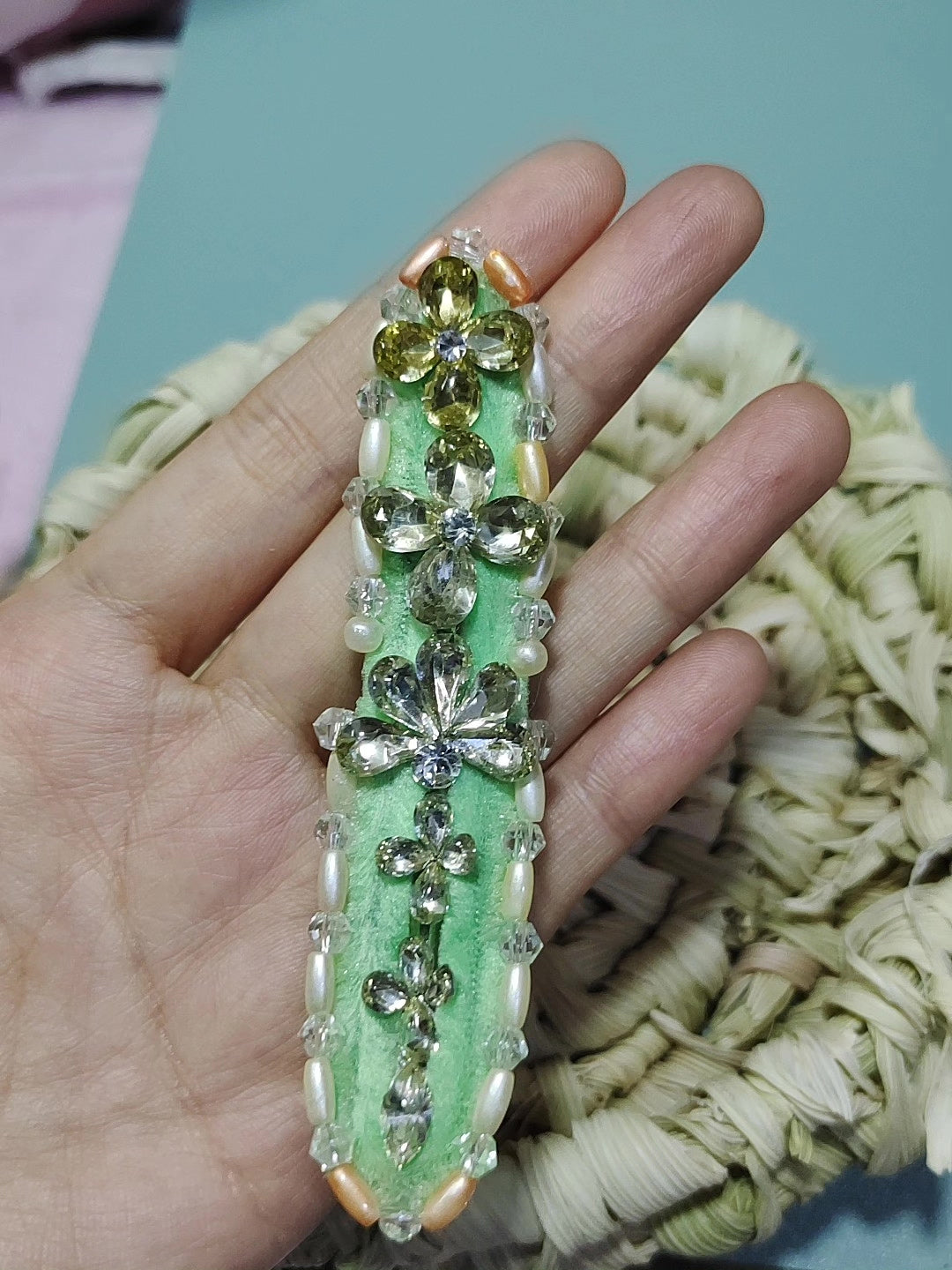 Mint Green Felt Hair Clip with Crystal Flowers