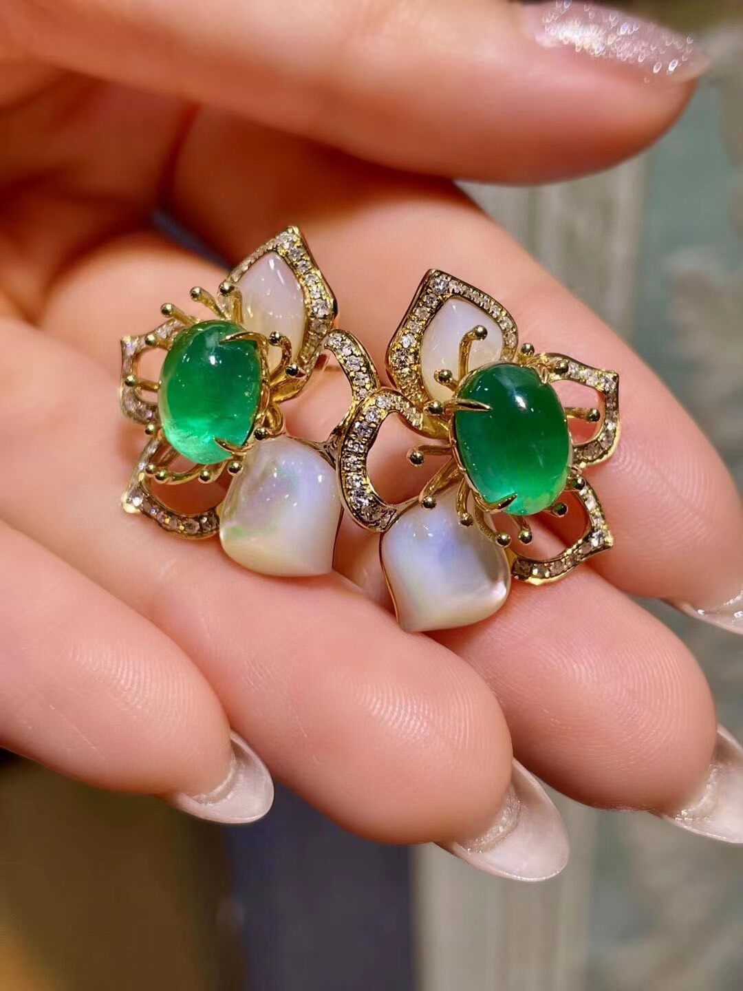 18K Gold Emerald and Diamond Floral Pearl Stud Earrings