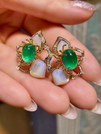 18K Gold Emerald and Diamond Floral Pearl Stud Earrings