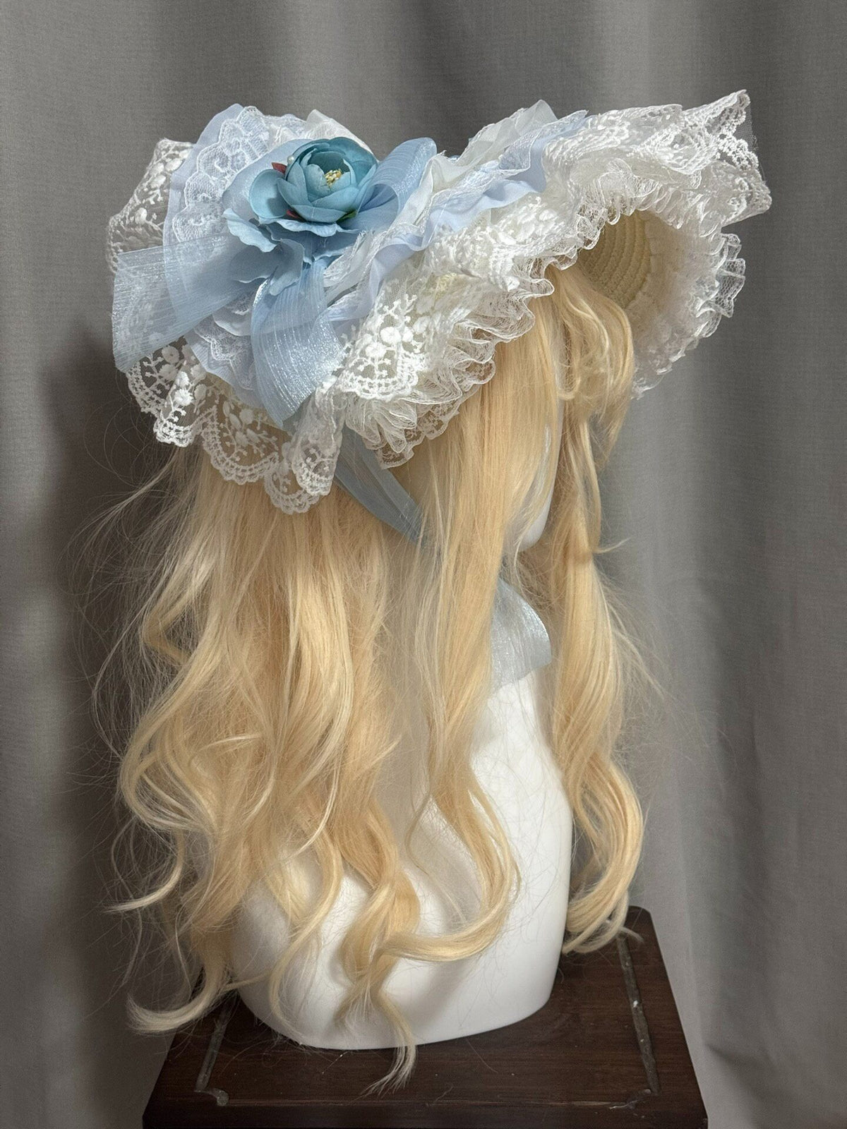 Blue Lolita Bonnet Straw Hat with Lace