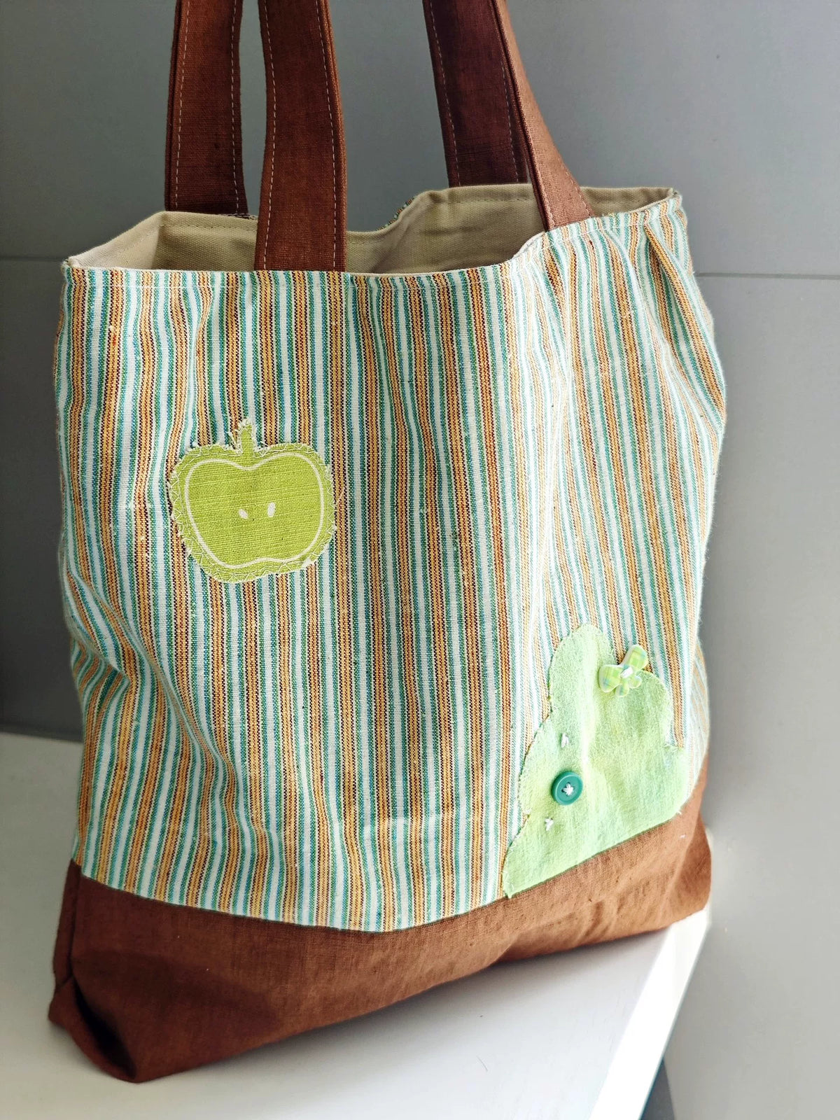 Handwoven Striped Tote Bag with Apple Applique