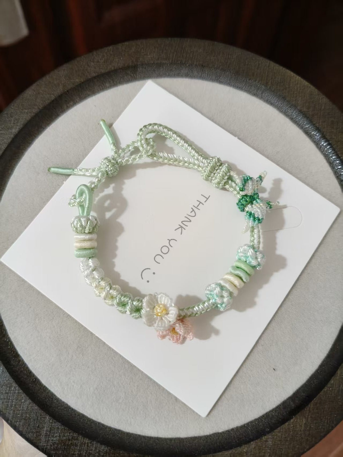 Handmade Mint Green Woven Bracelet with Flowers