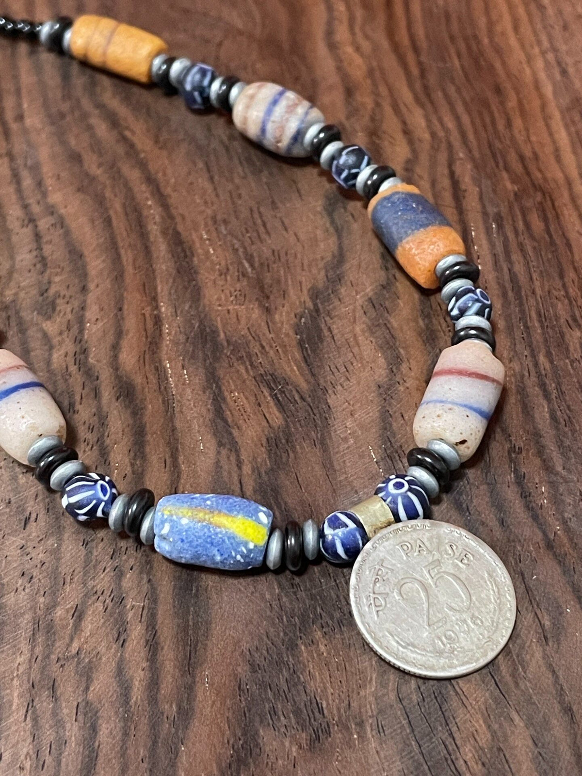 African Trade Bead Glass Necklace with Coin Pendant