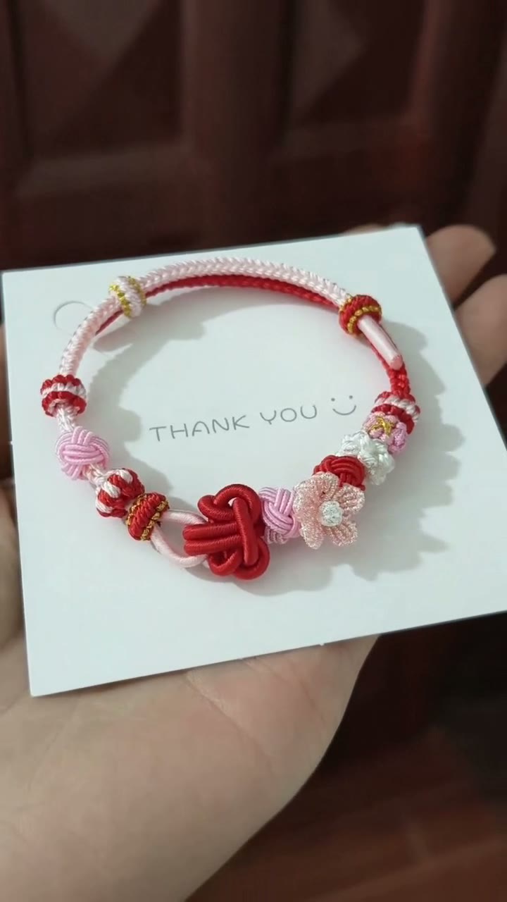 ハンドメイド 赤×ピンク 編みコードブレスレット