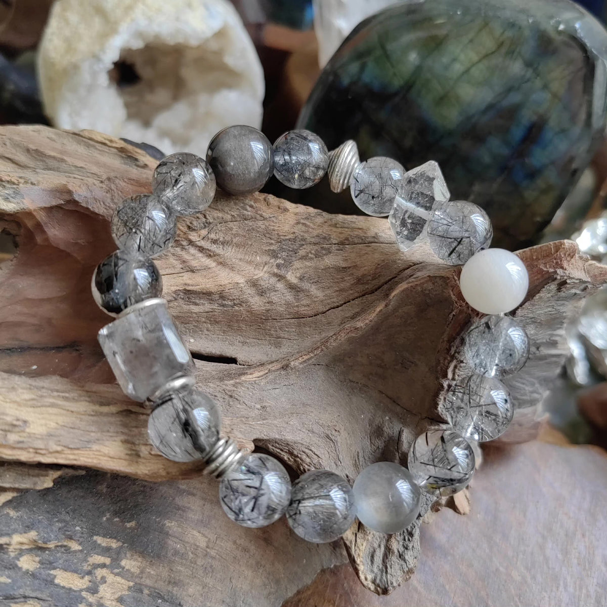 Black Rutilated Quartz Beaded Bracelet
