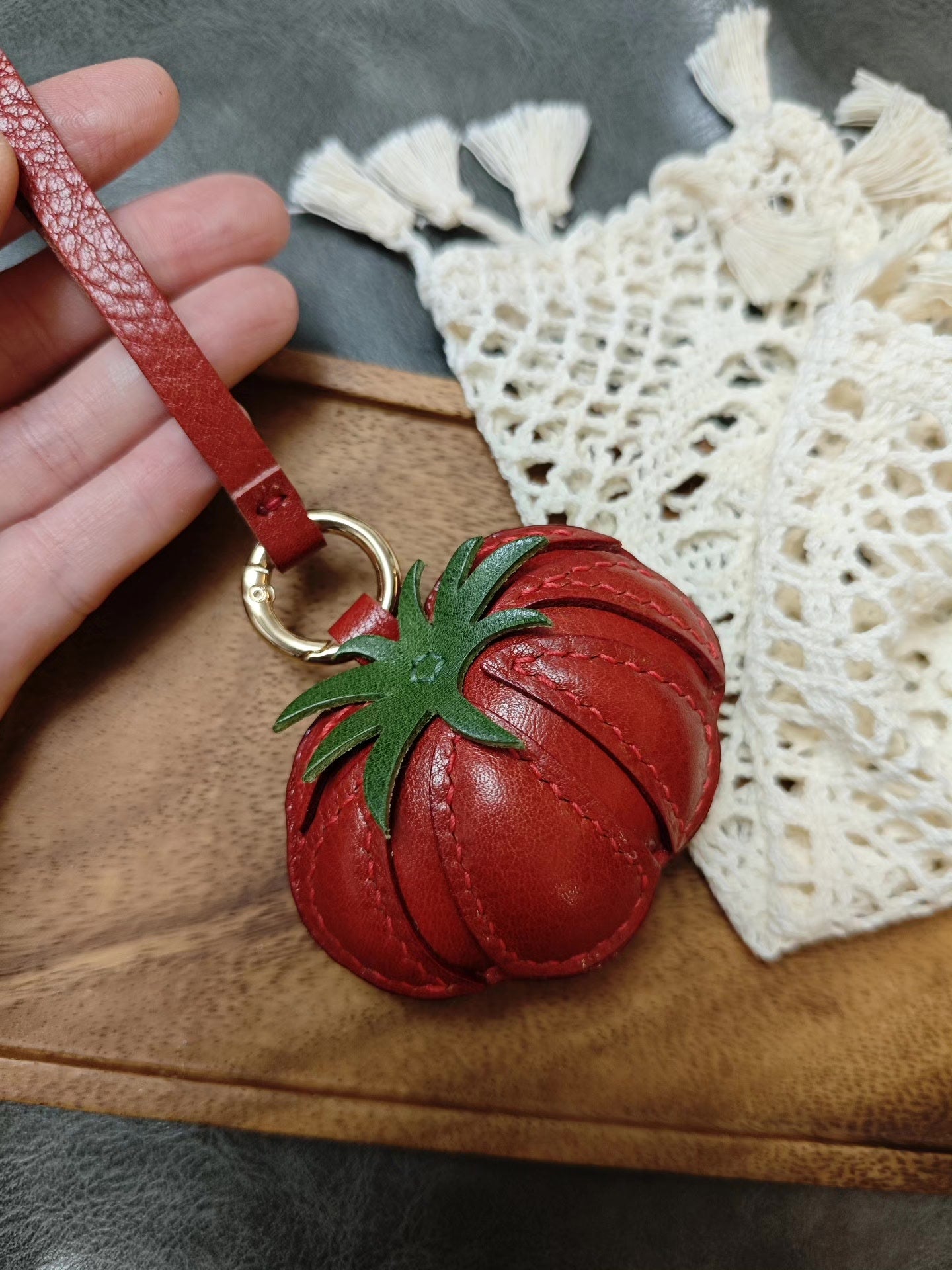 Tomato Leather Keychain with Green Calyx and Gold Ring