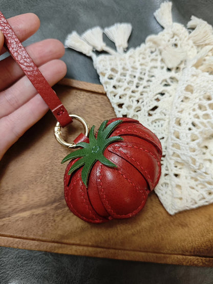 Tomato Leather Keychain with Green Calyx and Gold Ring