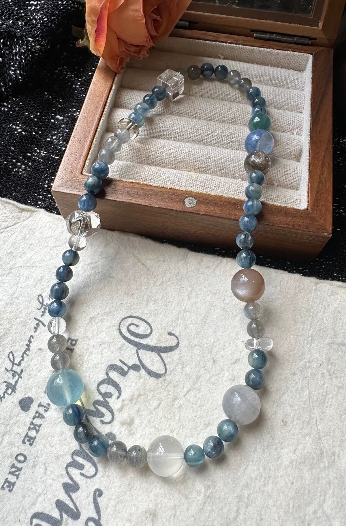 Natural Crystal Double Loop Bracelet Blue Green Moonstone