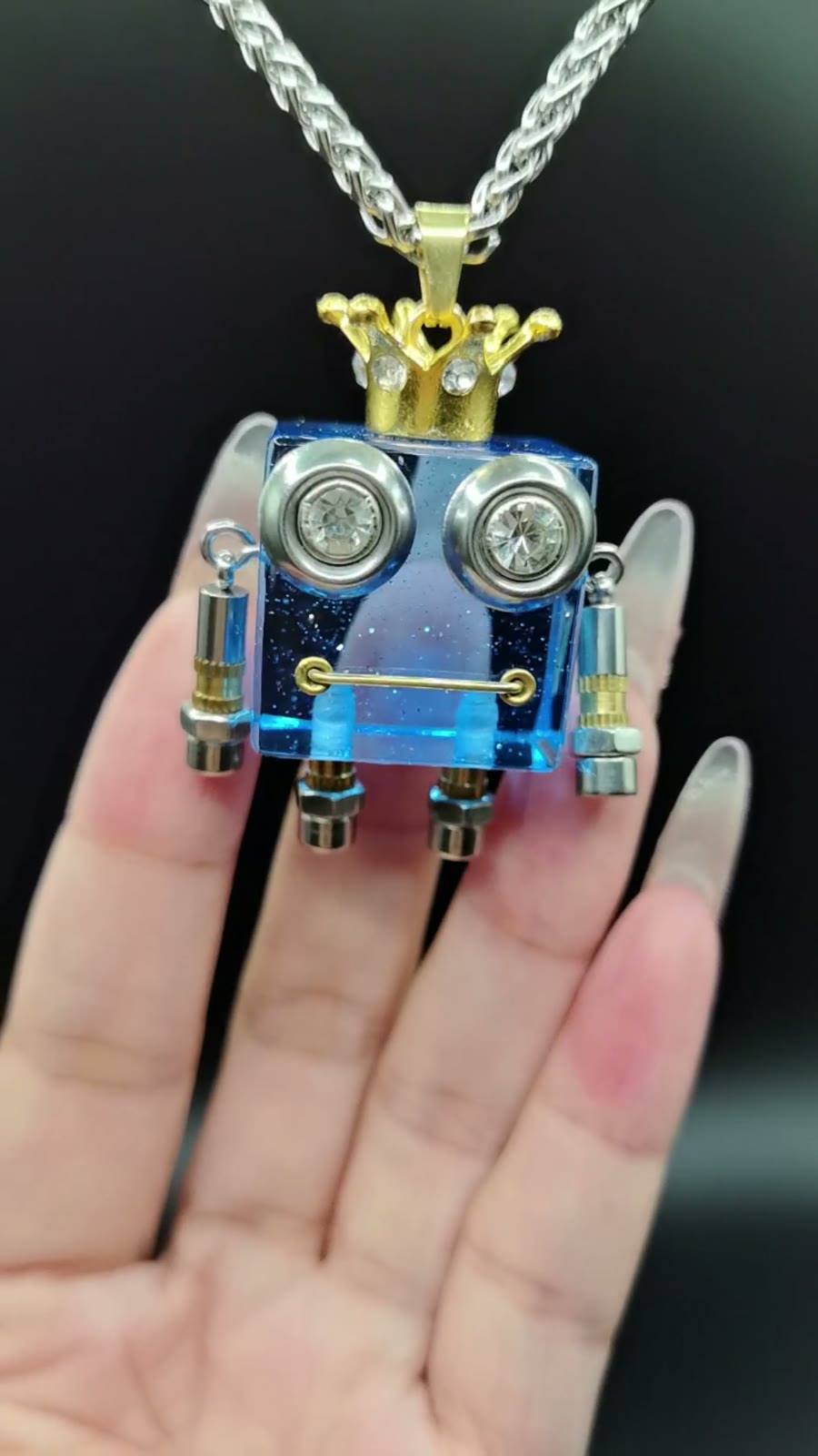 Blue Resin Robot Crown Pendant Necklace