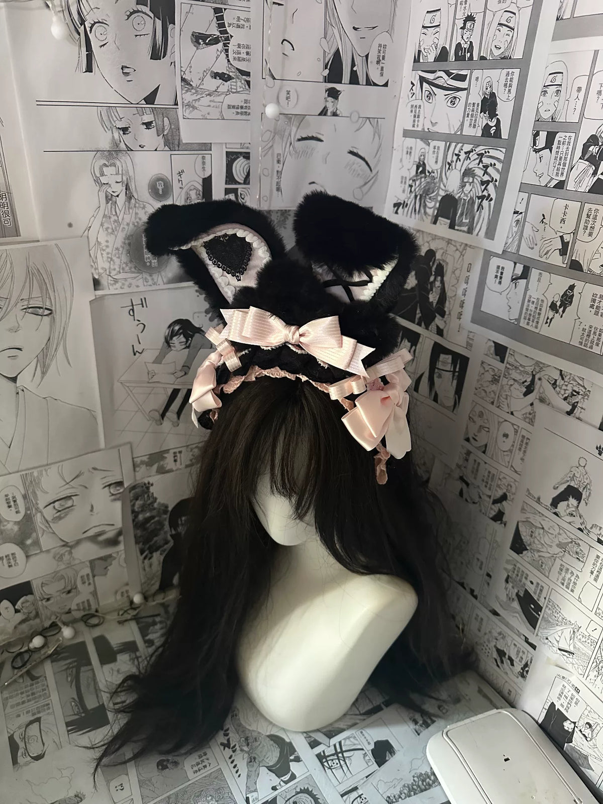 Black Bunny Ears Headband with Pink Bows