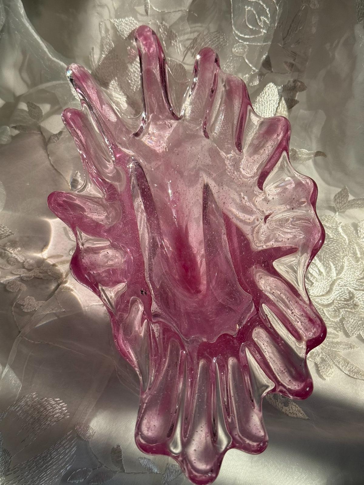 Vintage Glass Leaf Fruit Bowl Pink Bubbles