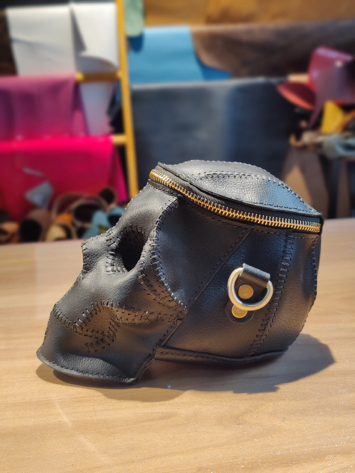 Skull Leather Pouch with Gold Zipper