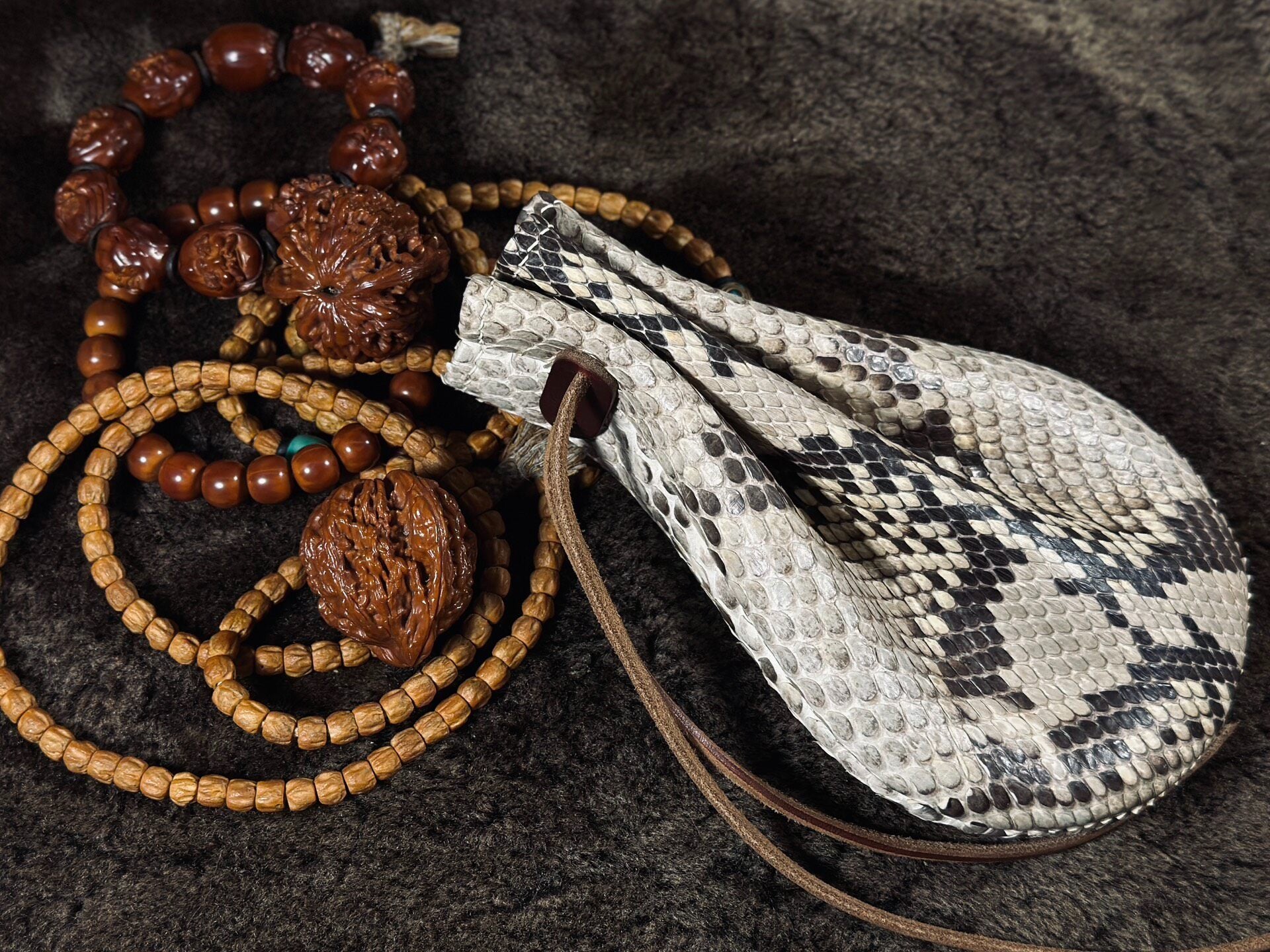 Handmade Leather Pouch with Snake Skin Pattern and Drawstring Closure